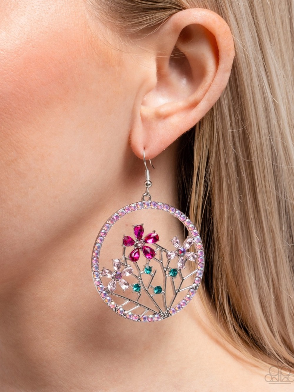 Floral Crystal Hoop Earrings in Pink, Fuchsia & Teal